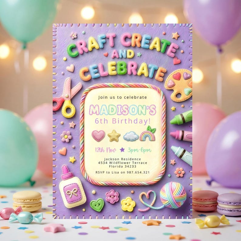 Plantilla de invitación para fiesta de cumpleaños con temática de manualidades y manualidades para niñas en tonos pastel. imagen 4