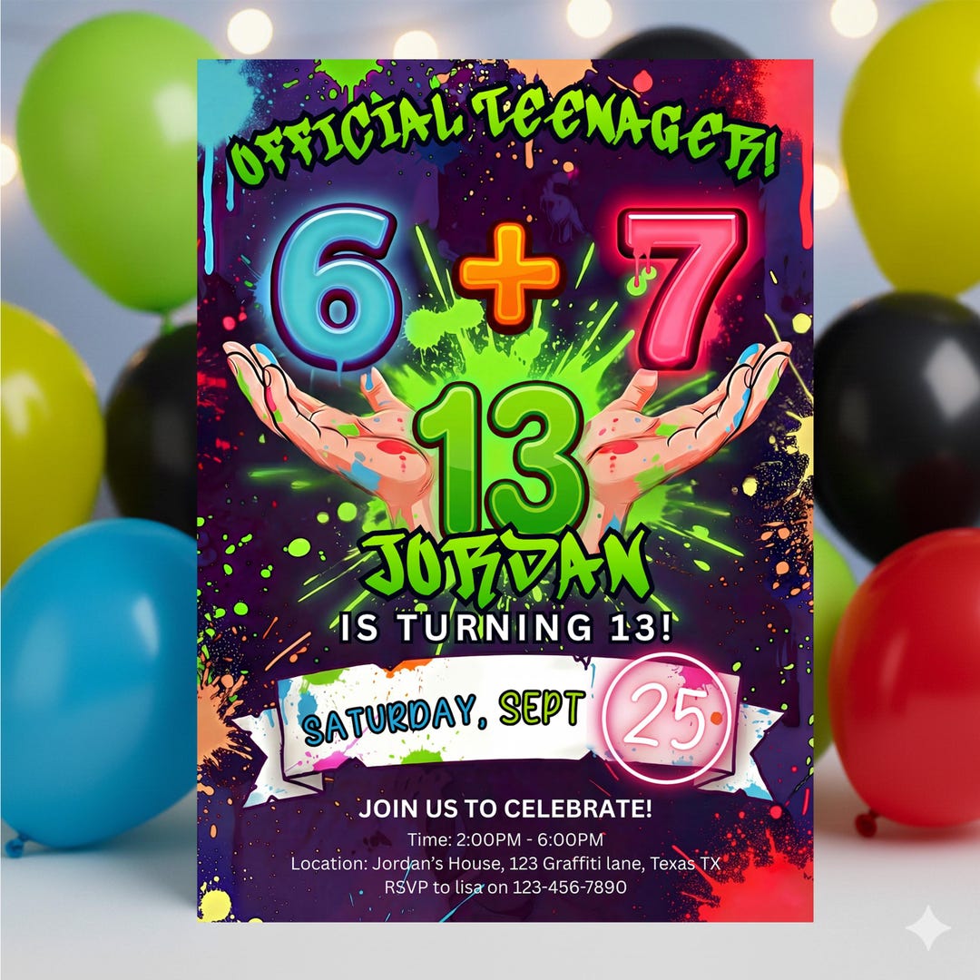 その他 Invitation 13th Birthday Invitation 6+7 13 Party Invite Neon Graffiti