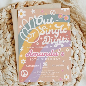 Editable Peace Out Single Digits Birthday invitation, Fall, Groovy 10th Birthday Invite, Daisy Rainbow, Printable Instant Download, Canva