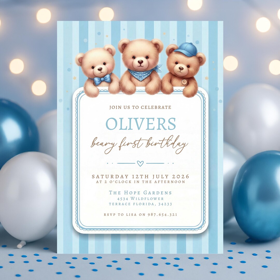 Blue Beary First Birthday Invitation Teddy Bear Boys 1st Birthday ...