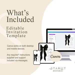 Peut inclure: Mod&egrave;le d'invitation de f&ecirc;te d'anniversaire &eacute;ditable Canva avec un n&oelig;ud noir et le texte "Birthday Party" en &eacute;criture blanche. Le mod&egrave;le est affich&eacute; sur un &eacute;cran d'ordinateur, une tablette et un t&eacute;l&eacute;phone.