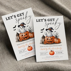 May include: Two Halloween party invitations with the text "LET'S GET spooky". Each card features a ghost wearing a witch hat, sitting on a carved pumpkin, with bats, trees, and lanterns. The invitations include the date, time, and address.