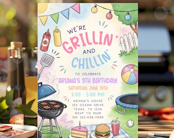 BBQ-verjaardagsuitnodiging handgetekende pastel grillin en chillin feestuitnodiging bewerkbare sjabloon