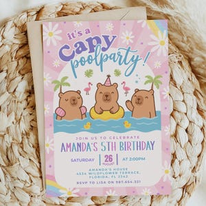 Capybara Birthday Party Invitation, Pool Party, ANY AGE, Printable Editable Tempate, Girls Capy Birthday Invitation, Canva Instant Download
