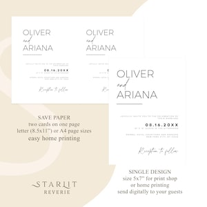 May include: Two wedding invitation designs with a minimalist aesthetic. The top design features the names "Oliver and Ariana" in a simple black font. The bottom design features the same names with a more decorative font. Both designs include the date "08.16.20XX" and the text "Reception to follow".