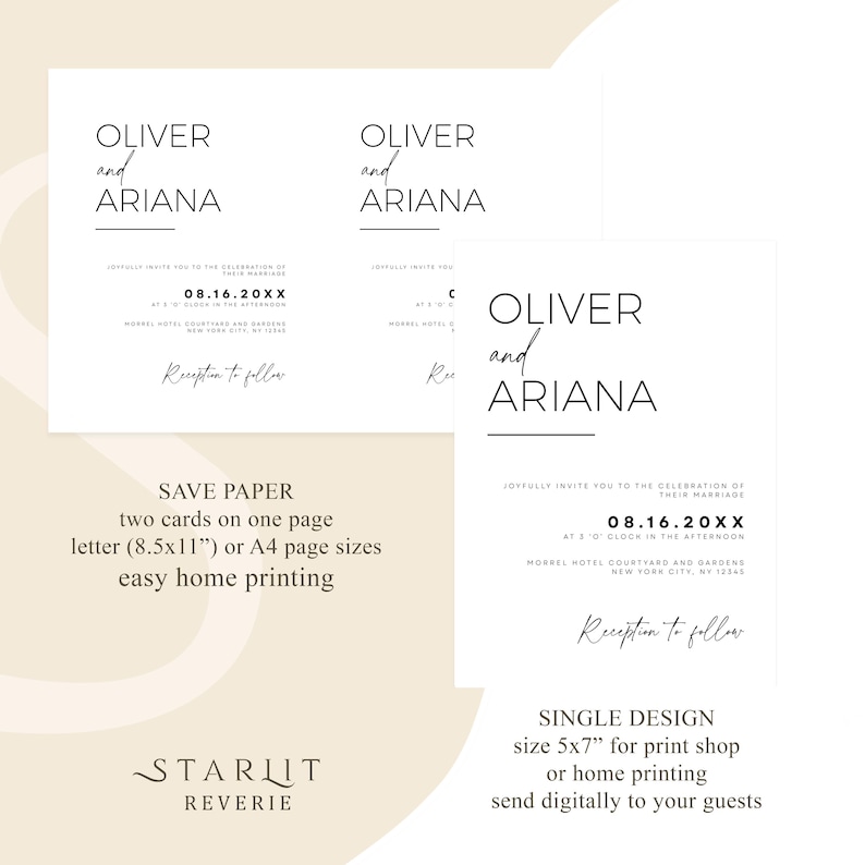 May include: Two wedding invitation designs with a minimalist aesthetic. The top design features the names "Oliver and Ariana" in a simple black font. The bottom design features the same names with a more decorative font. Both designs include the date "08.16.20XX" and the text "Reception to follow".