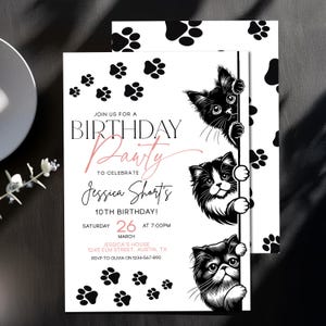Invito di compleanno per gatti modificabile, invito per festa perfetto, "Micio, sei proprio miagolare?", invito per ragazza, gatto, gattino, modello Canva, istantaneo, zampa