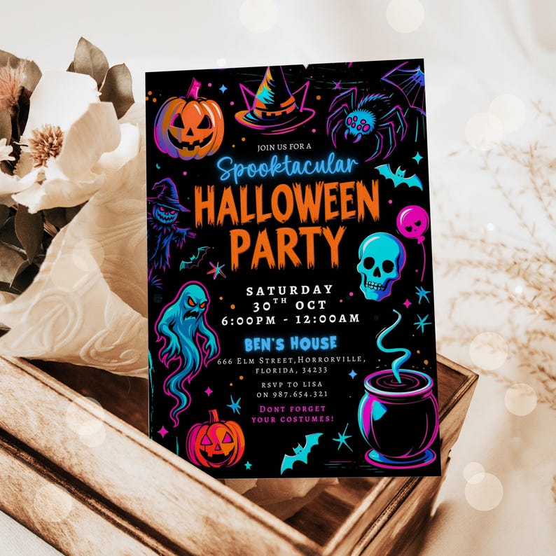 Puede incluir: Invitaci&oacute;n a una fiesta de Halloween negra con gr&aacute;ficos en naranja ne&oacute;n, azul y rosa. La invitaci&oacute;n incluye una calabaza, un sombrero de bruja, una ara&ntilde;a, una calavera, un fantasma y un caldero. El texto dice "Spooktacular Halloween Party".