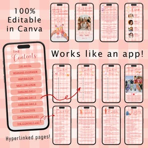 May include: A digital planner for a bachelorette weekend with a pink and white gingham background. The planner includes sections for the hotel, weekend overview, inspiration, meet the crew, timeline, outfits, packing list, and contact list. The planner is designed to look like an app with hyperlinked pages.