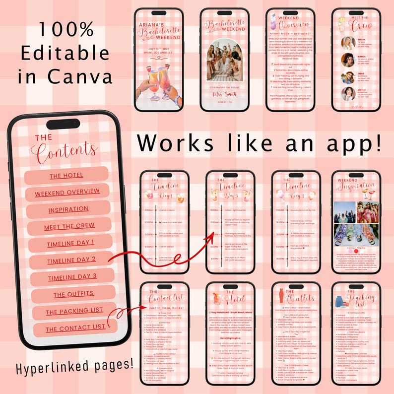 May include: A digital planner for a bachelorette weekend with a pink and white gingham background. The planner includes sections for the hotel, weekend overview, inspiration, meet the crew, timeline, outfits, packing list, and contact list. The planner is designed to look like an app with hyperlinked pages.