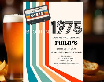 Modelo retrô editável, retrô 1975, convite para festa de aniversário, retrô cassete, anos 70, 80, convite de aniversário para ele, convite eletrônico