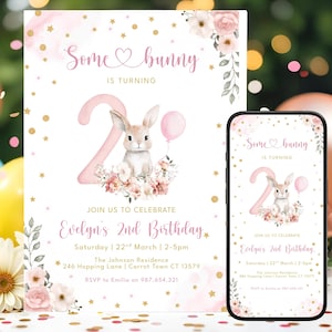 Some Bunny is Two Invitation, 2nd Birthday Girl Invitation, First Birthday Invite, Bunny Birthday Invitation, Printable Digital Template