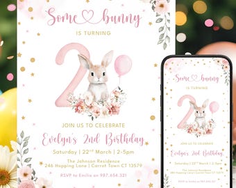 Some Bunny is Two Invitation, 2nd Birthday Girl Invitation, First Birthday Invite, Bunny Birthday Invitation, Printable Digital Template
