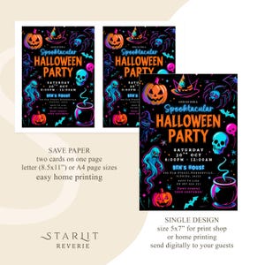 Puede incluir: Invitaciones para una fiesta de Halloween con fondo negro y gr&aacute;ficos en naranja ne&oacute;n, azul y morado. Las invitaciones presentan calabazas, fantasmas, ara&ntilde;as y el texto "Spooktacular Halloween Party". Disponibles en dos tama&ntilde;os.