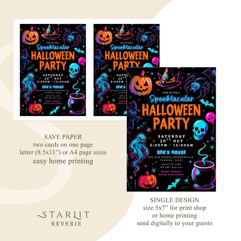 Puede incluir: Invitaciones para una fiesta de Halloween con fondo negro y gr&aacute;ficos en naranja ne&oacute;n, azul y morado. Las invitaciones presentan calabazas, fantasmas, ara&ntilde;as y el texto "Spooktacular Halloween Party". Disponibles en dos tama&ntilde;os.