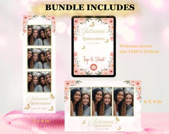 Floral Quinceanera Photo Booth Template Bundle: Pink Butterfly Design (Editable Canva, Digital Download)