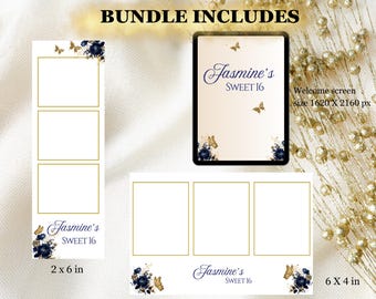 Blue & Gold Flowers,Photo Booth Template, Sweet Sixteen Quinceañera, Canva Editable, Digital Download