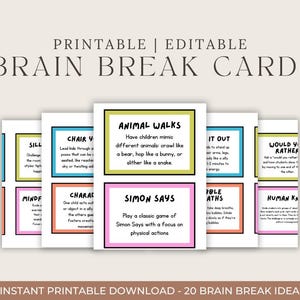 Brain Break Cards For Elementary, Easy To Use, Classroom Management, Editable On Canva , Printable, Movement Breaks