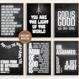May include: Six framed black and white inspirational wall art prints. The prints feature various quotes and phrases, including "God is Good," "You are the Light of the World," and "Unashamed."