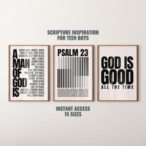 Puede incluir: Tres impresiones artísticas enmarcadas con texto inspirador. La primera impresión dice "Un hombre de Dios es" con una lista de rasgos de carácter. La segunda impresión dice "Salmo 23". La tercera impresión dice "Dios es bueno todo el tiempo".