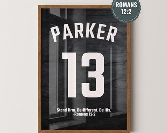 Arte murale cristiana per la stanza dei ragazzi adolescenti / Arte murale nera con le Scritture / Poster con nome personalizzato per atleta / Decorazioni sportive personalizzate per ragazzi