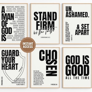 May include: A collection of six framed art prints with inspirational quotes in bold black text on a white background. The prints feature phrases like "A Man of God Is" and "Stand Firm in the Faith."