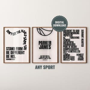 Puede incluir: Tres impresiones artísticas enmarcadas con citas inspiradoras y un gráfico de baloncesto. Las impresiones están en marcos marrones con fondos blancos y texto negro. Una impresión dice "No dejes que el mundo te forme". Otra dice "Parker James".