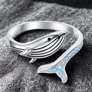 Sterling Silver Whale Ring – Adjustable Ocean Animal Jewelry with Blue Zircon, Cute Gift for Women & Teen Girls, Sea Life Inspired