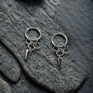 Silver Spike Hoop Earrings Stainless Steel Chainmail, Gothic Hoop Spike Earrings, Huggie hoop earrings,  Dangle Spike Earrings, Punk Gift