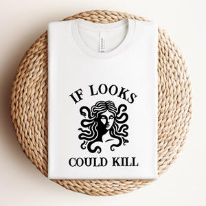 If Looks Could Kill Graphic Medusa T-Shirt for Women, Medusa Design Baby Tee, Killer Looks Ringer Tshirt, Halloween Shirt Gift for Her