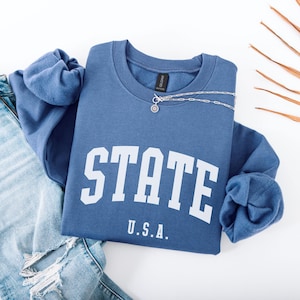 State USA Sweatshirt, Varsity Letter Crewneck, Personalized State Pride Pullover, Custom USA Sweatshirt, College Style Sweater Birthday Gift