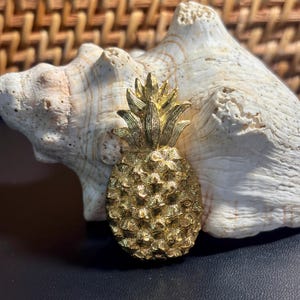 May include: A gold-colored pineapple-shaped brooch. The brooch has a textured surface and detailed leaves at the top. The brooch is set against a seashell and a dark surface.