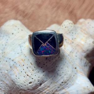 Sterling Silver Opal and Black Onyx Inlay Ring – Wide Band Statement Style Size 5 | Mountain Vibe Jewelry