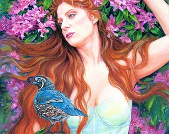 Redhaired woman in rhododendrons  with a quail