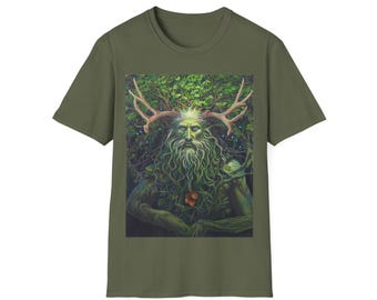 May include: A green t-shirt featuring a graphic of a man with antlers and a long beard surrounded by green foliage.