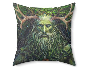 Spun Polyester Square Pillow - "The Greenman" by artist Jane Starr Weils