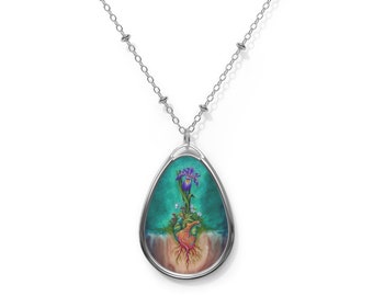 May include: A silver chain necklace with a teardrop-shaped pendant featuring a painting of a purple iris growing from a heart with roots. The background is a teal blue color.