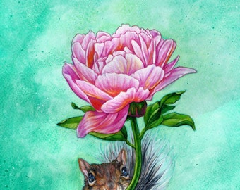 Squirrel Presenting Peony - an 8X10"  Giclee' print by artist Jane Starr Weils