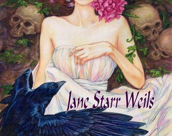 Crow and Pink Peonies by Jane Starr Weils