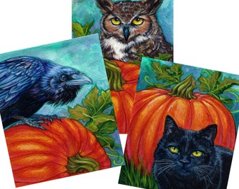 Raven and pumpkin, Owl and pumpkin, Black cat and pumpkin.