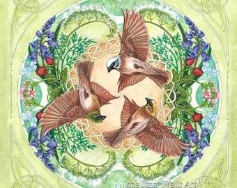 May include: A watercolor painting of three brown birds flying in a circle around a green Celtic knot design. The background is a light green with white flowers and blue flowers.