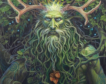 May include: A painting of a green man with antlers, a long beard, and a green leafy body. He is surrounded by green leaves and vines. The painting is signed "Jane Starr Weils Art".