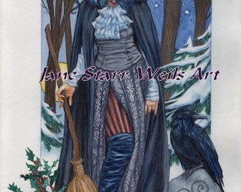 Winter solstice witch with her raven, Behind her the general sun and moon positions of the solstice shines through the winter branches.