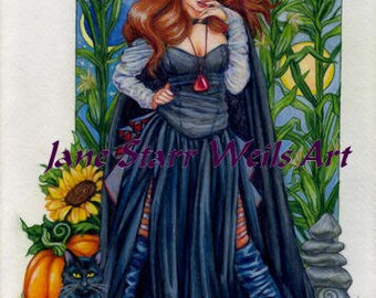 Autumn Solstice Witch with her black cat and pumpkin.