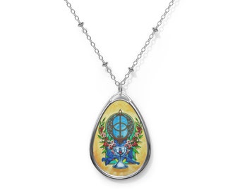 May include: A silver chain necklace with a teardrop-shaped pendant featuring a blue and green Celtic knot design, a golden chalice, and two blue birds on a yellow background.