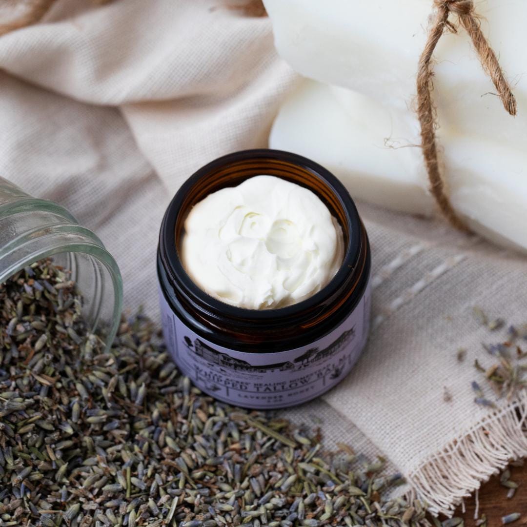 Lavender- Infused 100% Grass-Fed Whipped Tallow Balm with Organic Jojoba oil for Dry, Sensitive Skin, Eczema, Baby (Lavender-Infused)