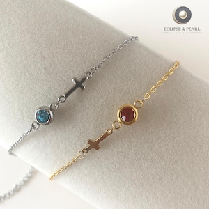 Dainty Cross Bracelet with Birthstone, Tiny Cross Bracelet, Gold Religious Bracelet, Bridesmaids Gift, Birthstones Gift, Christian Faith