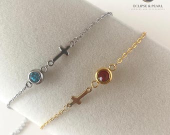 Dainty Cross Bracelet with Birthstone, Tiny Cross Bracelet, Gold Religious Bracelet, Bridesmaids Gift, Birthstones Gift, Christian Faith