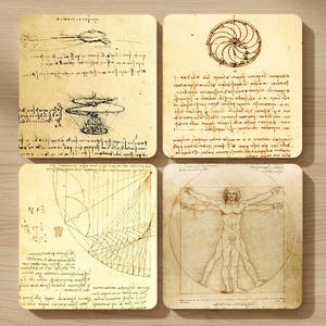 May include: A set of four square coasters with sepia-toned sketches by Leonardo da Vinci. The coasters depict a helicopter design, a spiral, geometric diagrams, and the Vitruvian Man, offering a historical art theme.