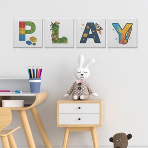 PLAY Canvas Art, Set of 4, Nursery Print, Playroom Decor for Kids, Fun Letters, Playroom Wall Decor, Playroom Sign, Kids Room Decor